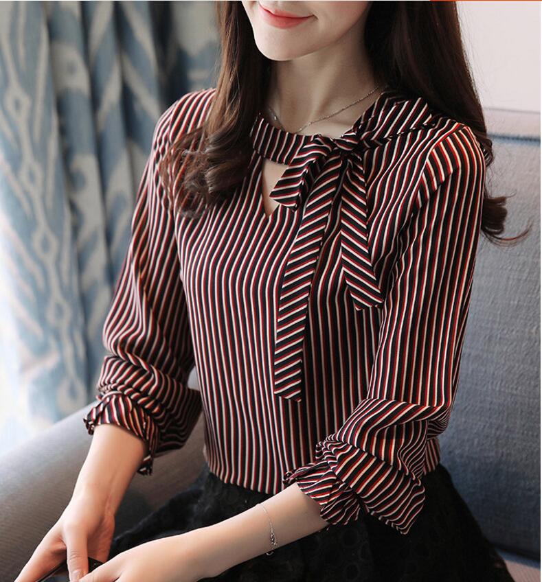 [해외] 여성 봄 신상 옆 리본 넥 슬림 셔츠 쉬폰 블라우스