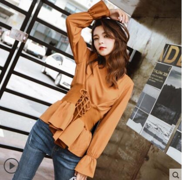 [해외] 봄 신상 쉬폰 긴팔 상의 새로운 디자인 여성 나팔 소매 셔츠