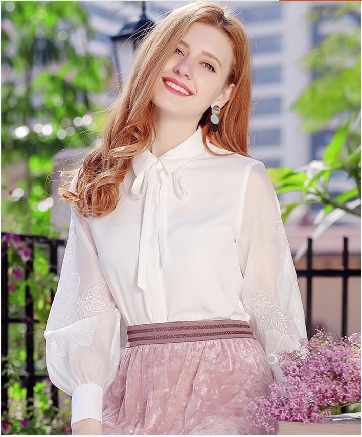 [해외] 여성 봄 신상 리본 자수 볼륨 소매 슬림 시폰 셔츠