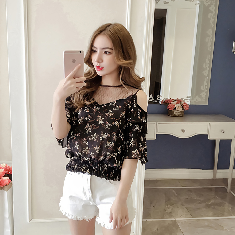 [해외] 여성 반팔 꽃무늬 쉬폰 블라우스 티셔츠