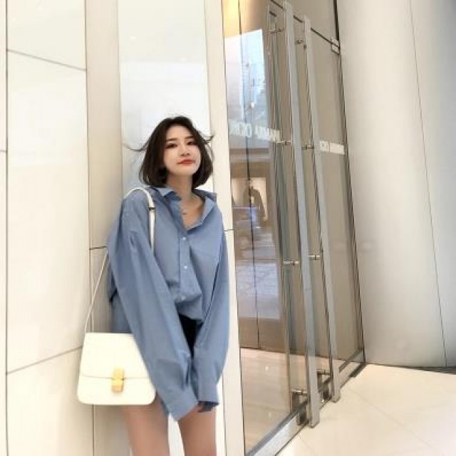 [해외] 봄 신상 ins유행 블루셔츠 칼라남방 여성셔츠 긴팔 오버피 셔츠
