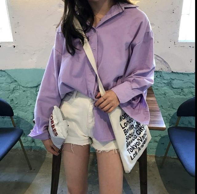 [해외] 봄 여름 신상 여성 패션 캐주얼 루즈핏 퍼플 남방 와이셔츠