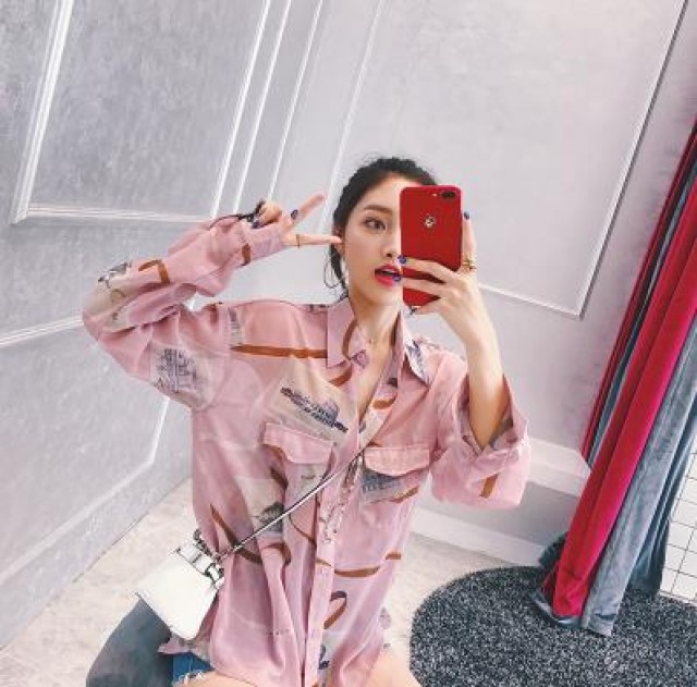 [해외] 봄신상 여성 패션 캐주얼 빈티지 핑크 쉬폰 블라우스 플라워 와이셔츠
