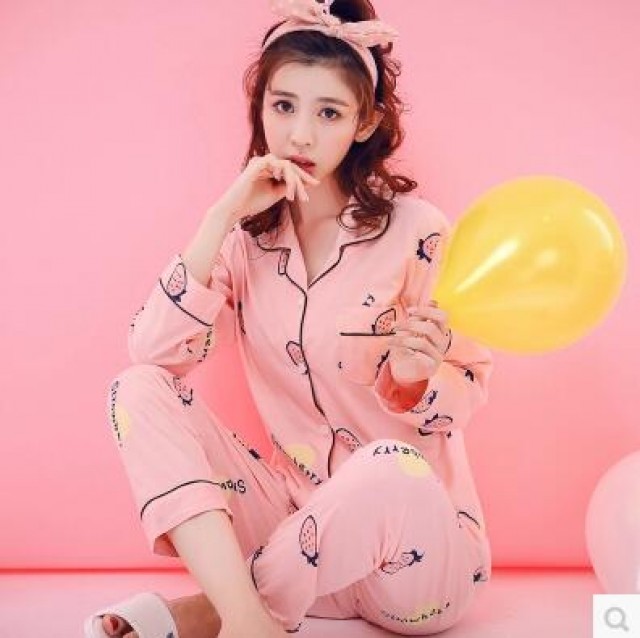[해외] 여성 순면 잠옷 면잠옷 긴팔 파자마 실내복 세트 딸기 캐릭터