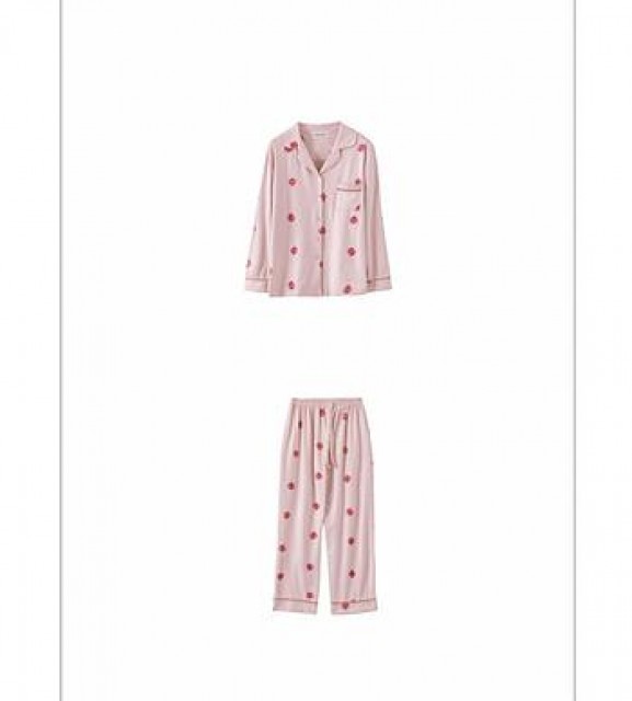 [해외] 봄 여성 실내복 순면 긴팔 딸기모양 귀여운 잠옷 세트 셔츠 바지