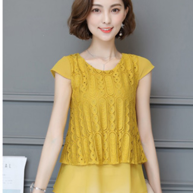 [해외] 캐주얼 여성 여름 느슨한 빅사이즈 짧은소매 OL 쉬폰 레이스 셔츠