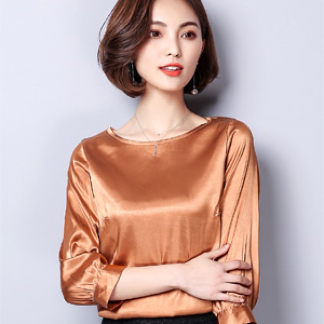 [해외] 캐주얼 여성 여름 느슨한 빅사이즈 순색 쉬폰 7부소매 라운드넥 셔츠