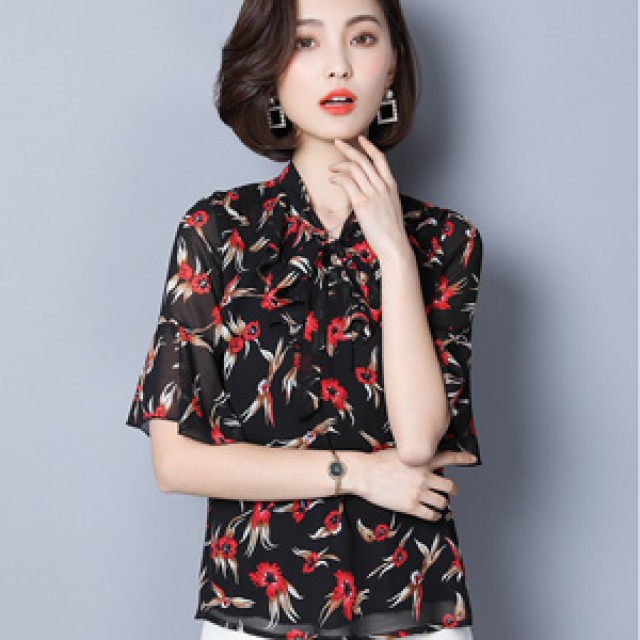 [해외] 캐주얼 여성 여름 느슨한 빅사이즈 쉬폰 나팔소매 리본 인화 셔츠
