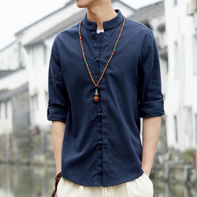 [해외] 캐주얼 여름 남성 면마 빅사이즈 미니얼 불교 7부소매 얇은 셔츠