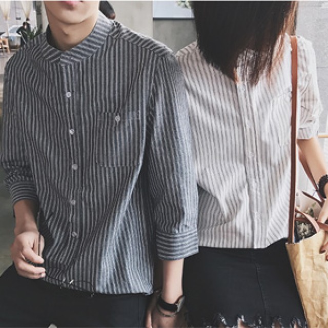 [해외] 캐주얼 남성 여성 커플 빅사이즈 7부소매 스트라이프 미니얼 면 셔츠