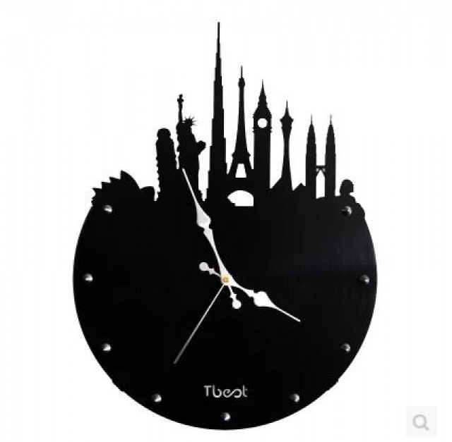 [해외] 거실 벽시계 현대 도시 풍경 패션 시계 소리 없는 심플 메탈 시계