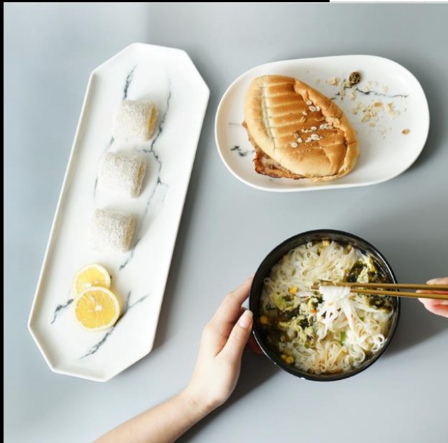 [해외] 신상 주방용품 가용 식기 대리석 도자기 접시 팔각 식판