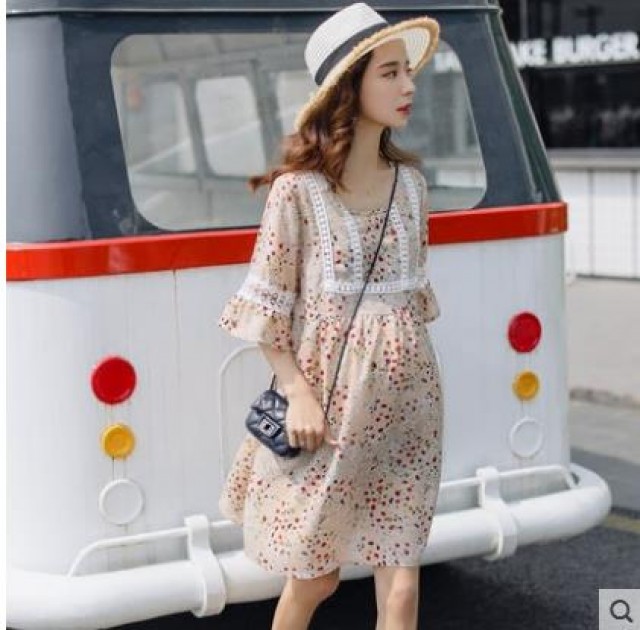 [해외] 봄 신상 여성 임산부 퀄리티 패션 플라워 프린트 나팔소매 원피스