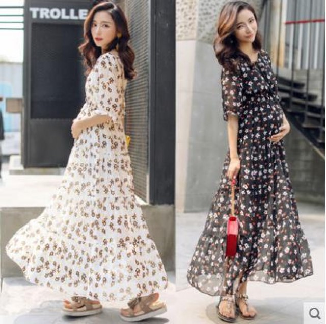 [해외] 봄 신상 여성 임산부 퀄리티 패션 플라워 프린트 루즈핏 쉬폰 롱 원피스