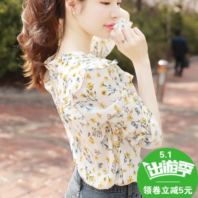 [해외]W135A09 꽃 무늬 쉬폰 셔츠 여름 긴팔 셔츠 시폰 짧은 스웨터 프린트 긴팔 티셔츠 7 분 소매 신축성있는 여성 2018