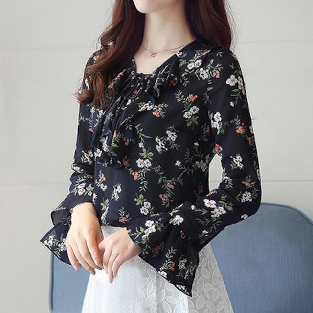[해외]W135A16 꽃 시폰 셔츠 여성 긴팔 2018 봄 새로운 스타일의 작은 셔츠 세련된 스피커 소매 슈퍼 요정 최고 달콤한