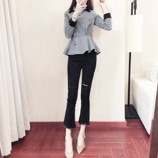 [해외]W135A26 2018 봄 셔츠 여성 한국어 쉬폰 탑 허리 인형 셔츠 작은 셔츠 봄 긴 소매 느슨한 격자 무늬 셔츠