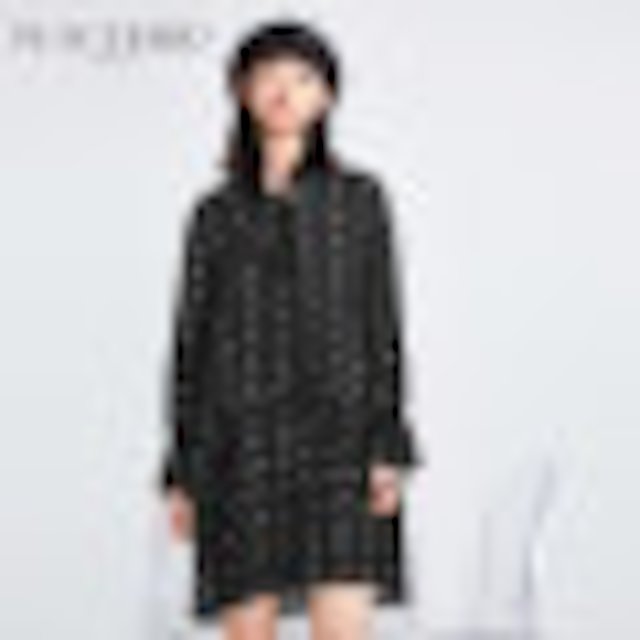 [해외]W14355D 시폰 드레스 봄 새로운 V 넥타이 인쇄 검은 드레스 긴 단락 연꽃 잎 한국어 버전