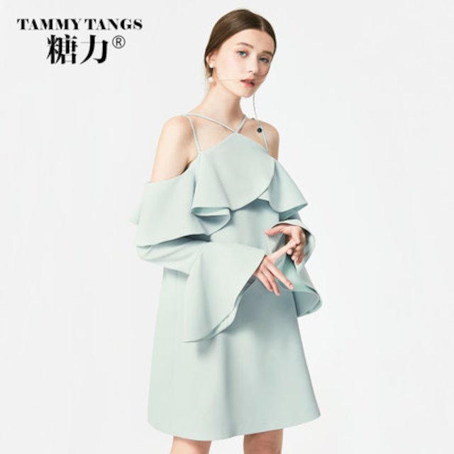 [해외]W1450A5 설탕 2018 봄 새로운 녹색 유럽과 미국의 패션 연꽃 잎 스트랩 strapless 스피커 슬리브 드레스 스커트 여성