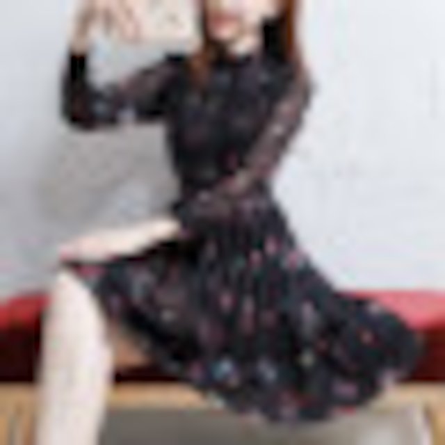 [해외]W145D70 Zhuosi Tianli 2018 새로운 여성의 봄 기질 여신 팬 검정 긴팔 꽃 쉬폰 드레스 여성의 조류