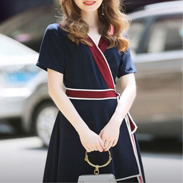 [해외] 여성의류 컬러 파이핑 랩스커트 드레스