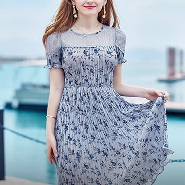 [해외] 여성의류 마린 쉬폰 주름 패턴 드레스