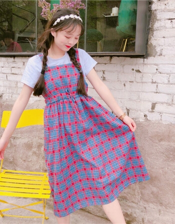 [해외] 반소매 T 셔츠 스트랩 체크 드레스 세트