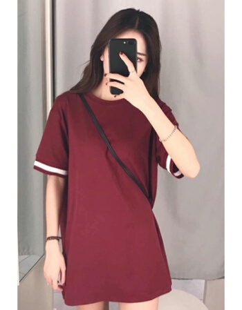 [해외] 여성 반소매 T 셔츠 소매 바느질 긴 부르고뉴 드레스